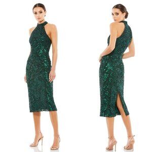 Mac Duggal Gown Dress Size 4 Green Halter Sequin Embellished Midi 5535